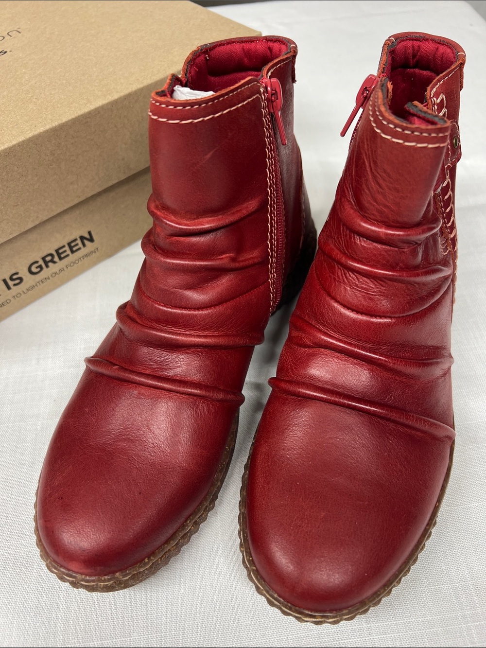 Clarks Red Leather Ruched Ankle Booties with Side Zip